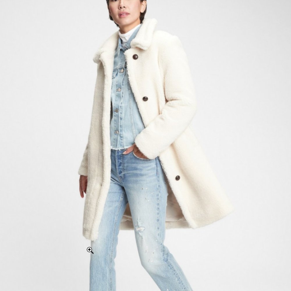 GAP Faux Fur Sherpa Overcoat Teddy Coat in Ivory Cream, Size Small Tall,…